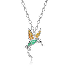 Colier din argint 925 – pasăre colibri, piatră galbenă, verde, neagră, lanț subțire