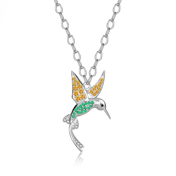 Colier din argint 925 &ndash; pasăre colibri, piatră galbenă, verde, neagră, lanț subțire