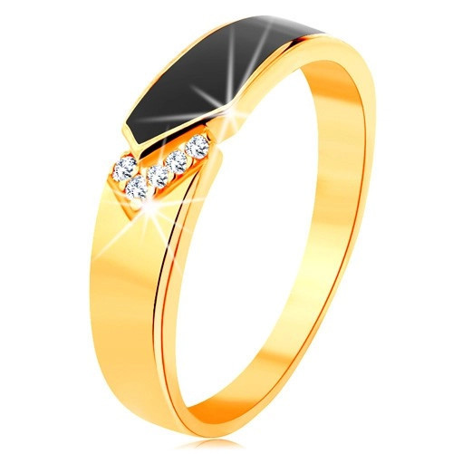 Inel din aur galben de 14K - bandă neagră emailată cu v&acirc;rf, zirconii transparente - Marime inel: 51