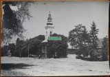 Fotografie interbelica mare; Biserica si scoala din comuna Borlesti, jud. Satu Mare, colectia Dr. Florin Codrescu, Bucuresti, foto Tadeu