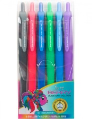 Pix cu gel Berry, 0.7 mm, set 6 bucati/blister (negru, rosu intens, albastru inchis, verde, albastru, violet)