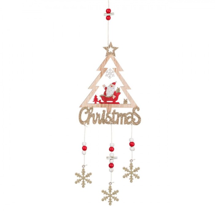 Decorațiune Suspendabilă Crăciun, Brad Lemn, Moș Crăciun, Fulguri Glitter, 51cm