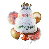 Set 5 Baloane Aniversare Tort Happy Birthday, 30-84cm, Aurii, Folie Latex, Ropet - Decoratiuni Petrecere Copii Adulti