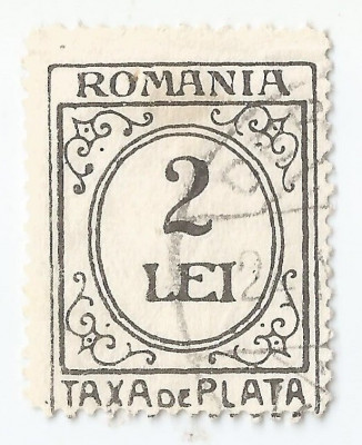 Romania, LP IV.16/1931, Taxa de plata format mic, 2 lei cu filigran PTT, oblit. foto