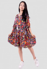 Rochie midi din vascoza cu imprimeu floral predominant negru foto