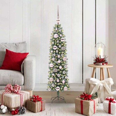 vidaXL Copac Artificial Slăb de Crăciun cu 150 LED Verde și alb 120 cm 3395271 foto