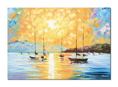 Tablou rasarit de soare cu veliere pictat manual, 70x50cm ulei pe panza in cutit efect 3D, Spectaculos foto