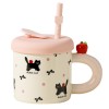 Cana din ceramica cu capac si pai, flippy, capacul si paiul din silicon roz, 9x8.5 cm, model cute c, capacitate 380ml