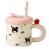 Cana din Ceramica cu Capac si Pai, Flippy, Capacul si Paiul din Silicon Roz, 9x8.5 cm, Model Cute C, Capacitate 380ml