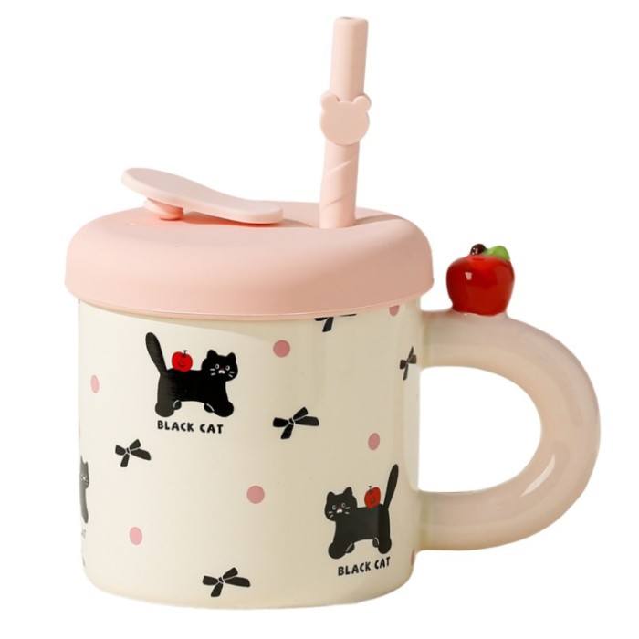 Cana din ceramica cu capac si pai, flippy, capacul si paiul din silicon roz, 9x8.5 cm, model cute c, capacitate 380ml
