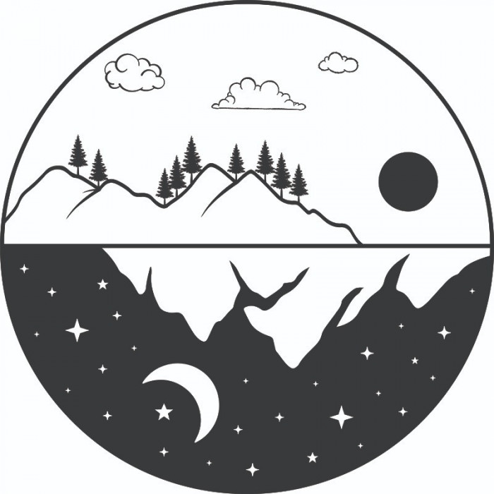 Sticker decorativ, Soare, Luna ,Munte, Negru, 60 cm, 7211ST
