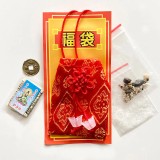 Sac cu bani si nod mistic, amuleta prosperitate, textil rosu