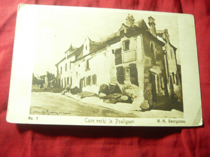 Ilustrata - Pictura M.H.Georgescu - Case vechi la Pouliguen - fotogravura CR