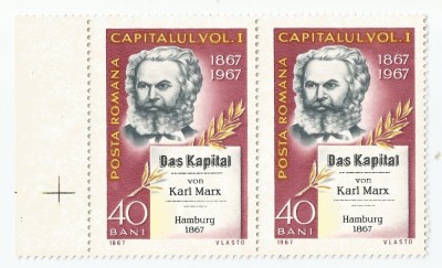 Rom&amp;acirc;nia, LP 661/1967, 100 ani &amp;quot;Capitalul&amp;quot; de Marx, pereche orizontala, MNH foto