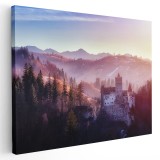 Tablou Castelul Bran la apus Romania mov albastru 1586 Tablou canvas pe panza CU RAMA 80x120 cm