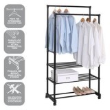 Cuier metalic cu roti si rafturi, 78.5x39x165cm, Negru, CMCLASS