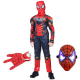 Cumpara ieftin Set costum Iron Spiderman IdeallStore&reg;, New Era, rosu, 7-9 ani, manusa cu discuri si masca LED