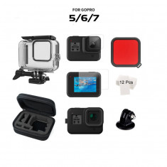 Set accesorii camera video GoPro Hero 5 6 7 carcasa subacvatica 45m, husa, folie