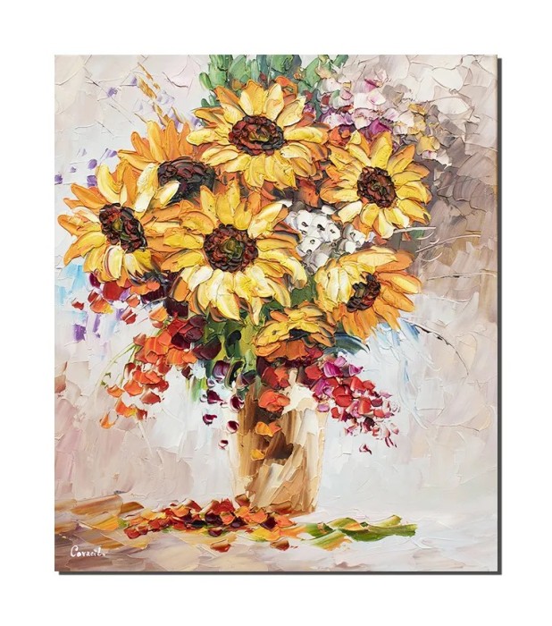 Tablou 3D Vaza cu floarea soarelui pictat manual, 60x50cm ulei pe panza, Leonard Covaci