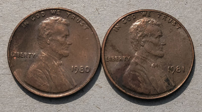 1 cent USA - SUA - 1980 P, 1981 P foto