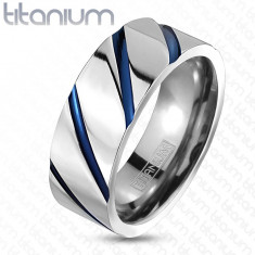 Inel din titaniu &icirc;n nuanță argintie, luciu superior, striații albastre oblice - Marime inel: 70