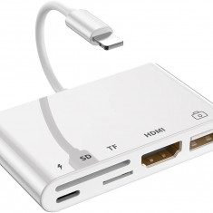 Adaptor multifunctional 5 in 1, cititor de carduri, compatibil iphone, USB, HDMI - Alb