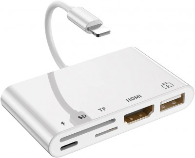 Adaptor multifunctional 5 in 1, cititor de carduri, compatibil iphone, USB, HDMI - Alb foto