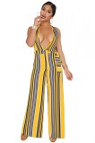 Salopeta Dama Eleganta Lunga Dungi Verticale Galben Albastru Decolteu V Spate Gol Cordon Talie Casual/Elegant M/L
