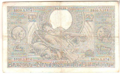 SV * Belgia 100 FRANCS / 20 BELGAS 1939 * sub ocupatie Germania WWII * VF foto