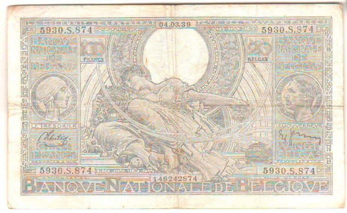 SV * Belgia 100 FRANCS / 20 BELGAS 1939 * sub ocupatie Germania WWII * VF