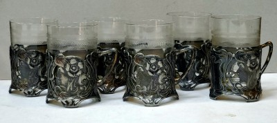 6 suporturi cu pahare stil Art Nouveau, manufactura Nicolau Bucarest, cca. 1906 foto
