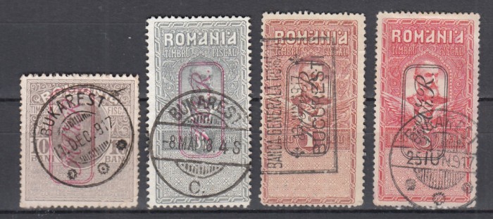 ROMANIA 1917 TIMBRE FISCALE SUPRATIPAR MVIR MONOGRAM MARE IN CHENAR DUBLU APLICAT VERTICAL SERIE STAMPILATA