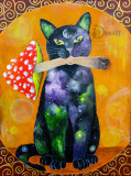 Tablou pictura pisica si ciuperci &quot;The Gift&quot;, Animale, Acrilic, Altul