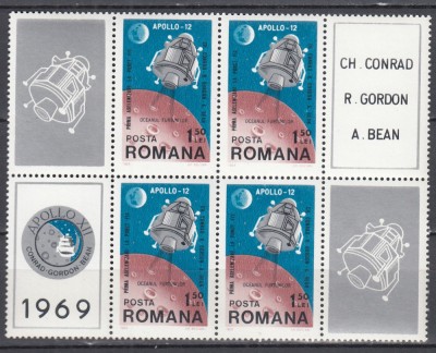 ROMANIA 1969 LP 715 COSMOS IV APOLLO 12 BLOC 4 SERII CU 4 VINIETE DIFERITE MNH foto