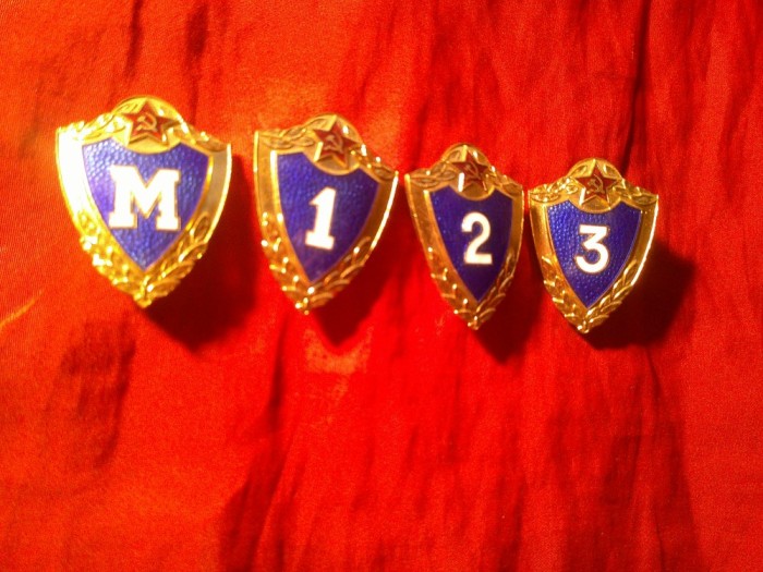 Set 4 Insigne Militare URSS - Armata Sovietica -Specialist - Clasele: Maestru si 1,2,3 , metal si email ,h=4,2cm