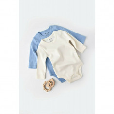 Set 2 body-uri cu maneca lunga bebe unisex -100% bumbac organic - Ecru/Bleu, BabyCosy (Marime: 9-12 luni)