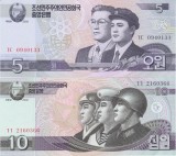 Bancnota Coreea de Nord 5 si 10 Won 2002 - P58/59 UNC ( set x2 - vezi descriere )