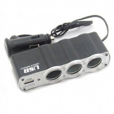 Adaptor USB Auto bricheta cu 3 porturi si iluminare, 12V/24V - WF0120 foto