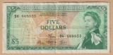 (1) BANCNOTA EAST CARIBBEAN - 5 DOLLARS ND (1965), REGINA ELIZABETH II, SERIE INTERESANTA, MAI RARA