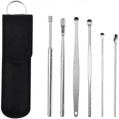 Kit pentru curatatea urechilor, teaca din piele si 6 piese din metal medicinal, EVNC, Manual Ear Pick