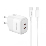 Incarcator Retea Cu Cablu USB-C XO Design L140, 35W, 3A, 2 x USB-C, Alb