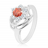 Inel de culoare argintie, zirconiu rotund portocaliu &icirc;nchis, zirconiu transparent - Marime inel: 49
