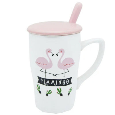 Cana cu capac din ceramica si lingurita Pufo Flamingo pentru cafea sau ceai, 12 cm foto