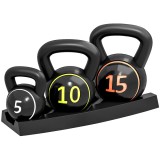 SPORTNOW Set 3 Kettlebell de 2.2 kg, 4.5 kg și 6.8 kg cu Suport pentru Greutăți, din Plastic și Nisip, Negru | Aosom Romania