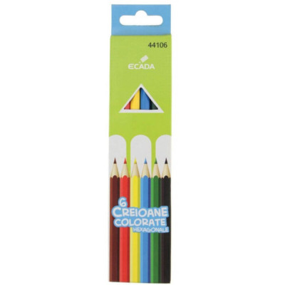 Set 6 Creioane Color ECADA, 6 Culori, Corp Hexagonal din Lemn, Creioane Hexagonale Colorate, Creioane Colorate, Creioane ECADA, Set Creioane Colorate, foto
