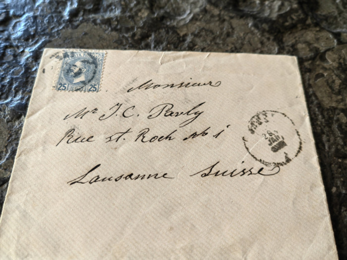 Plic circulat cca. 1890, Bucuresti-Lausanne, Elvetia, 25 bani emisiunea Perle