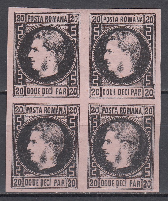 ROMANIA 1867 LP 20 c REGELE CAROL I CU FAVORITI 20 PARALE HARTIE SUBTIRE NEGRU/HARTIE ROZ BLOC DE 4 TIMBRE LIPSA GUMA