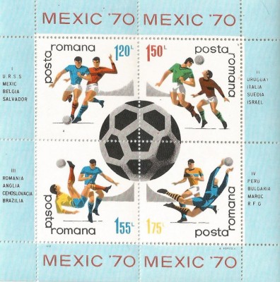 Romania, LP 729/1970, C.M. de Fotbal - Mexic, bloc dantelat, eroare, MNH foto