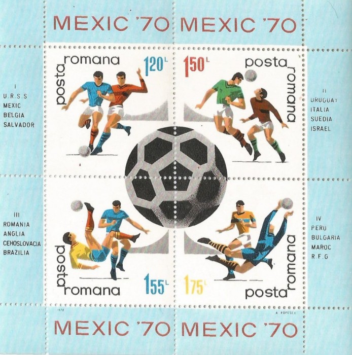 Romania, LP 729/1970, C.M. de Fotbal - Mexic, bloc dantelat, eroare, MNH