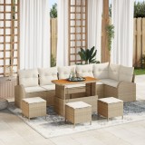 Set de canapea de grădină 10 piese cu perne Bej Ratan poliester Acacia, Canapea de grădină cu 2 locuri cu perne Bej Ratan poliester, Set de dining de, vidaXL